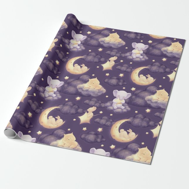 Good Night With Cute Sleepy Baby Animal Wrapping Paper (Unrolled)