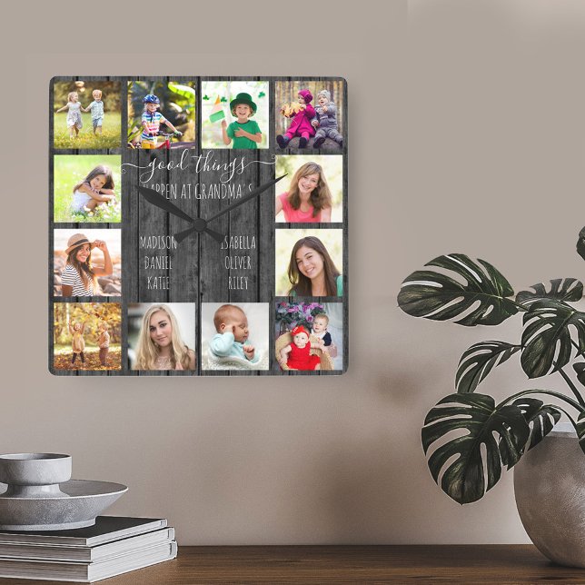 Good Things Happen at Grandma's 12 Photo Grey Wood Square Wall Clock (Photo gift for grandma - editable template with 12 pictures)