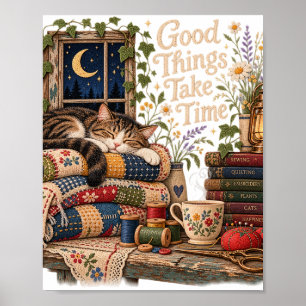 Good Things Take Time – Cosy Quilt Cat Vintage Poster