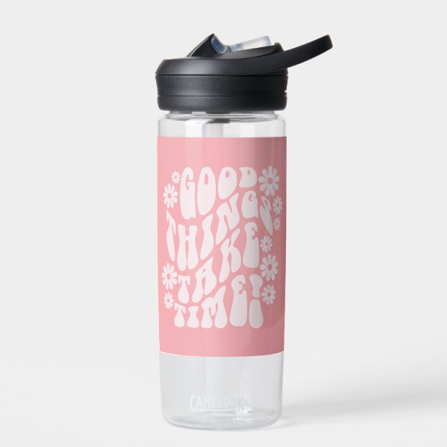 Good Things Take Time Retro Flowers Water Bottle (Left)