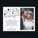 Good Things Worth The Wait Change the Date Photo Announcement Postcard<br><div class="desc">Good Things are Worth the Wait Change the Date Hearts Modern Script Font Typography Photo Wedding Postponement Announcement Postcard</div>