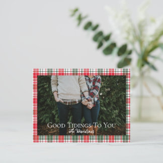 Good Tidings Newlyweds Plaid Christmas Photo Holiday Postcard