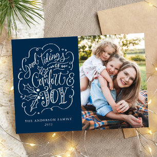 Good Tidings of Comfort & Joy Typography Navy Holiday Card