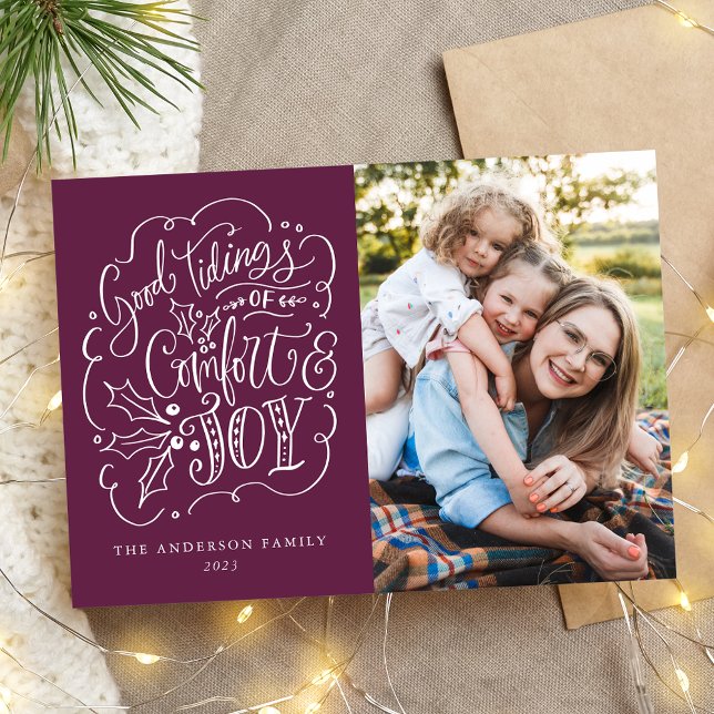 Good Tidings of Comfort & Joy Typography Purple Holiday Card (Creator Uploaded)