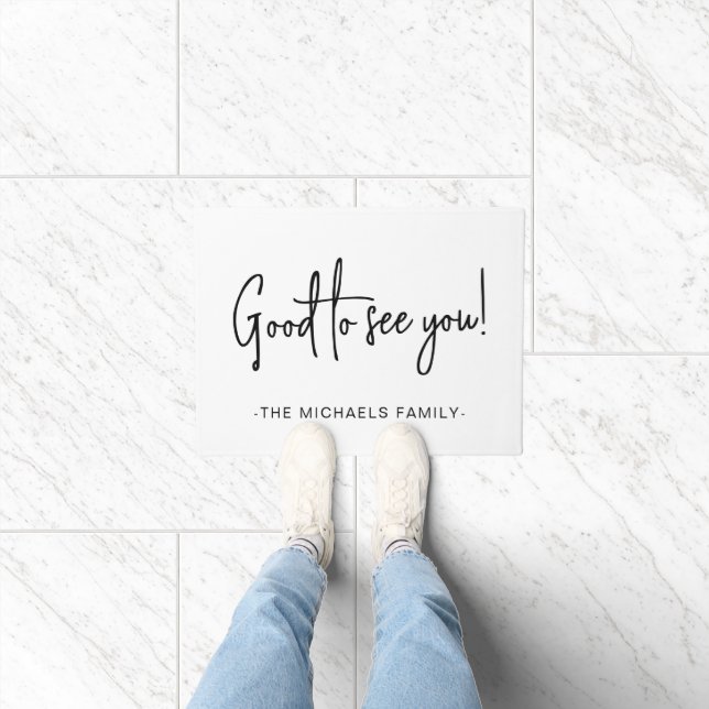 Good to See You Script with Family Name Black Doormat (Indoor)