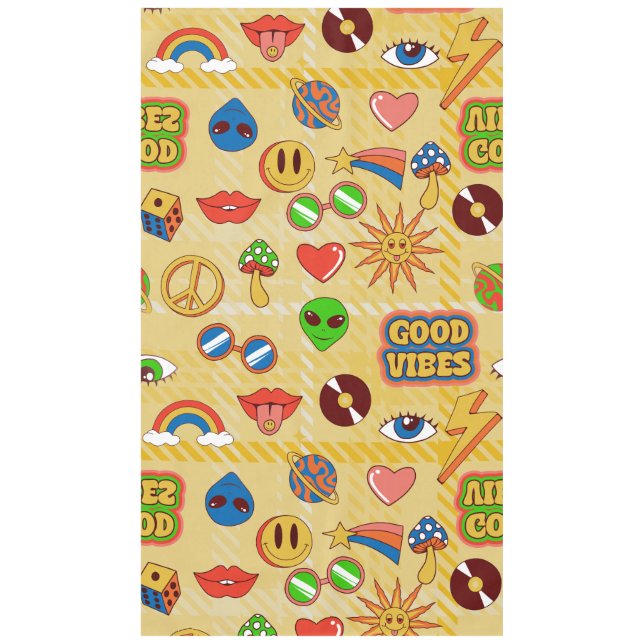 good vibes alien groovy pop art 1970s plaid tablecloth (Front)