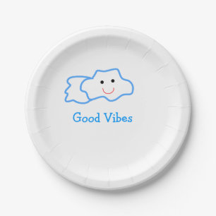Good vibes blue smiling clouds emoji kids add name paper plate