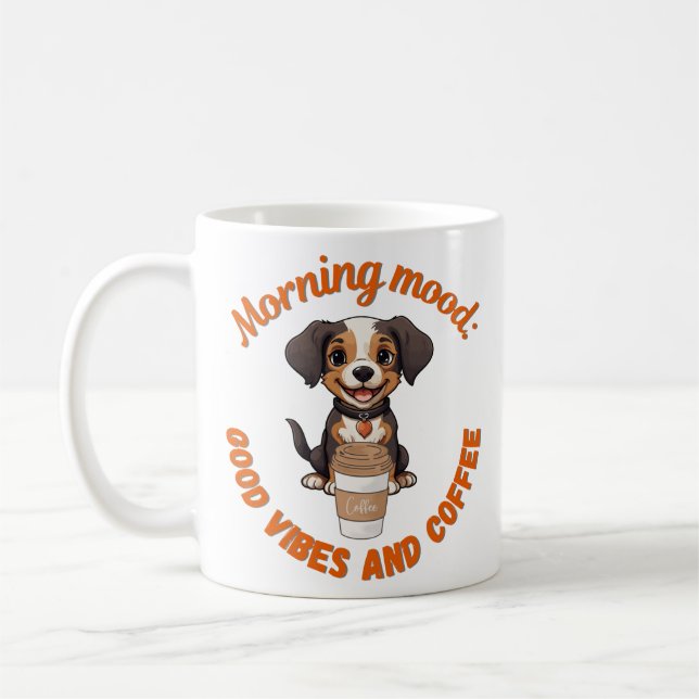 Good Vibes & Coffee – Playful Puppy Digital Artwor Coffee Mug (Left)