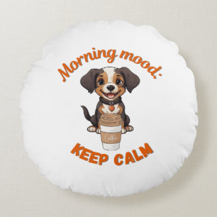 Good Vibes & Coffee – Playful Puppy Digital Artwor Round Cushion