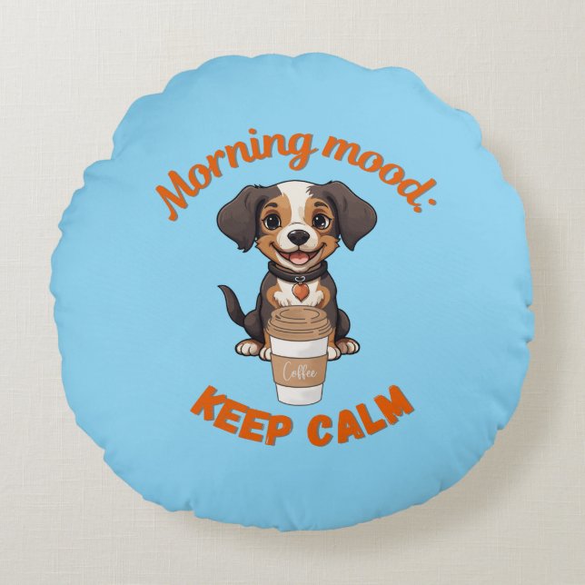 Good Vibes & Coffee – Playful Puppy Digital Artwor Round Cushion (Front)