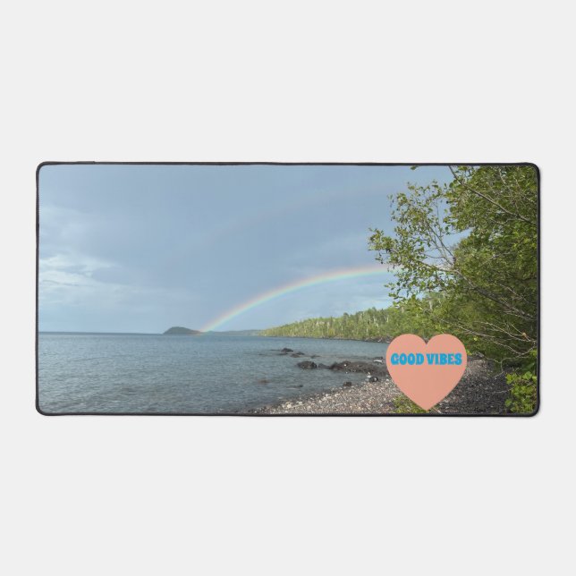 Good Vibes- Double Rainbows over Isle Royale  Desk Mat (Front)