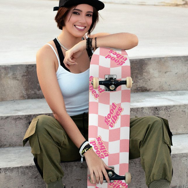 Good Vibes Girly Pastel Pink White Chequered Skateboard (Good Vibes Girly Pastel Pink White Checkered Skateboard)