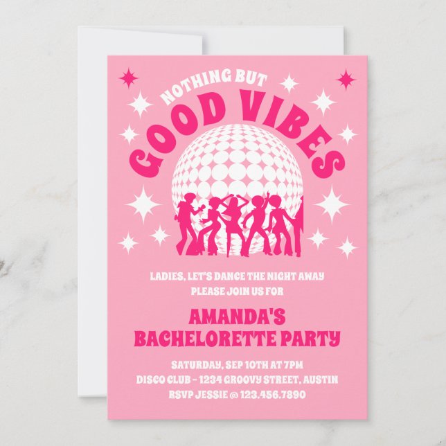 Good Vibes Groovy Pink Bachelorette Party Invitation (Front)