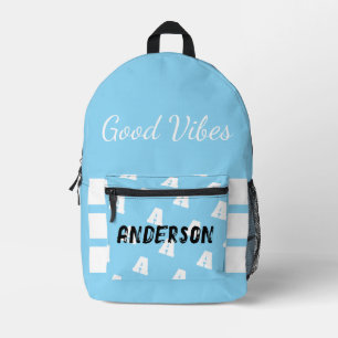 Good Vibes Monogram With Name Blue Printed Backpack
