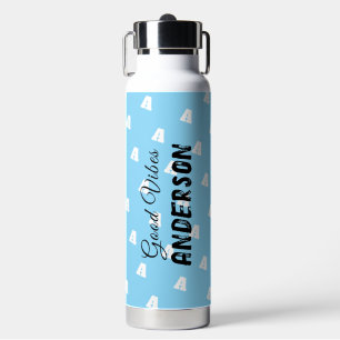 Good Vibes Monogram With Name White on Blue Water Bottle