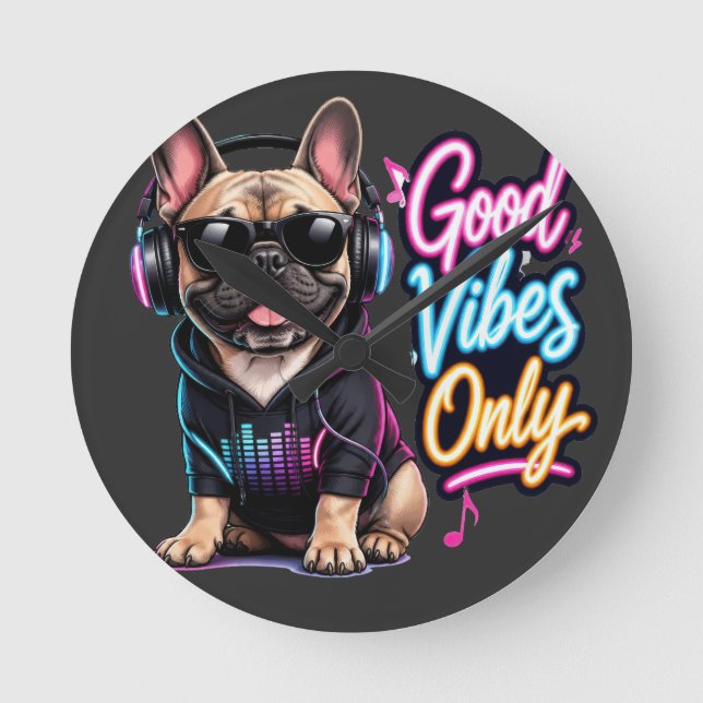  Good Vibes Only French Bulldog Design Round Clock (Front)