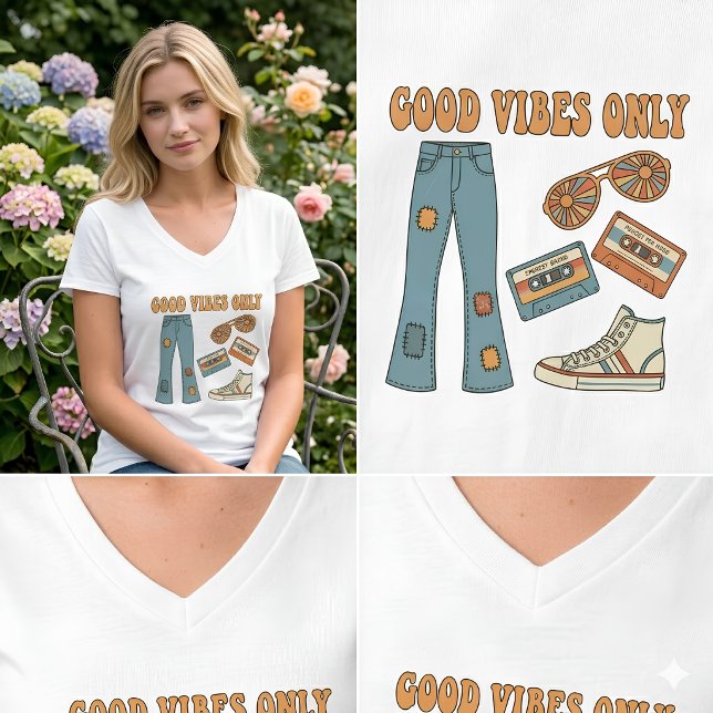 Good Vibes Only Retro 70s Boho Chic Distressed  T-Shirt (Creator Uploaded)