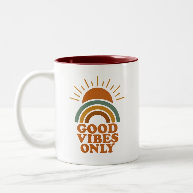 Good Vibes Only – Retro Boho Sun Rainbow Design Two-Tone Coffee Mug (Left)