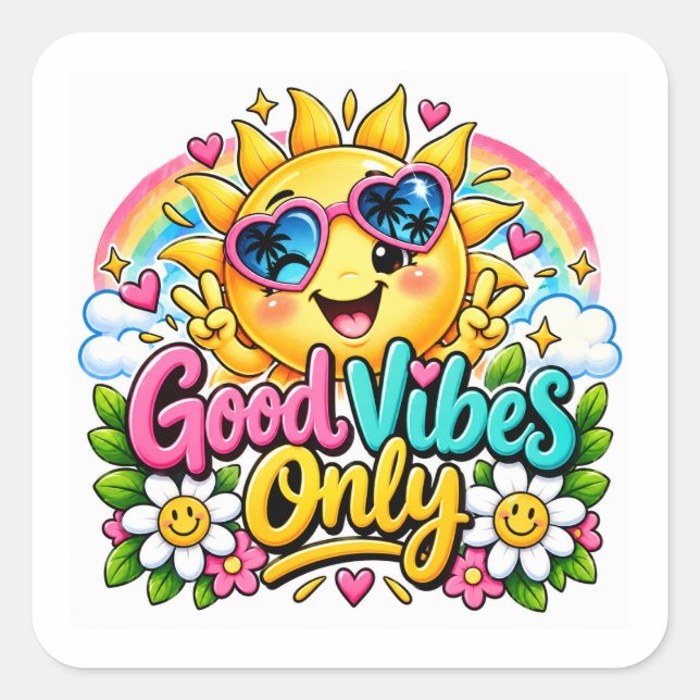 Good Vibes Only Sun Rainbow Square Sticker (Front)
