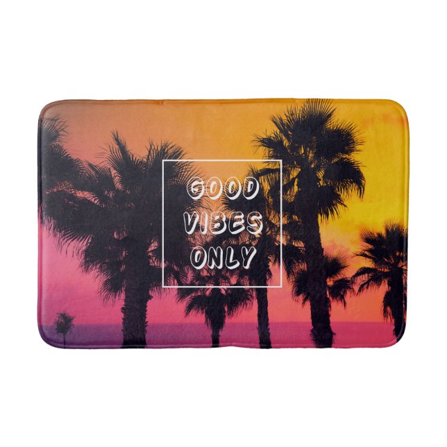 "Good Vibes Only"  Tropical Beach Palms Sunset Bath Mat (Front)