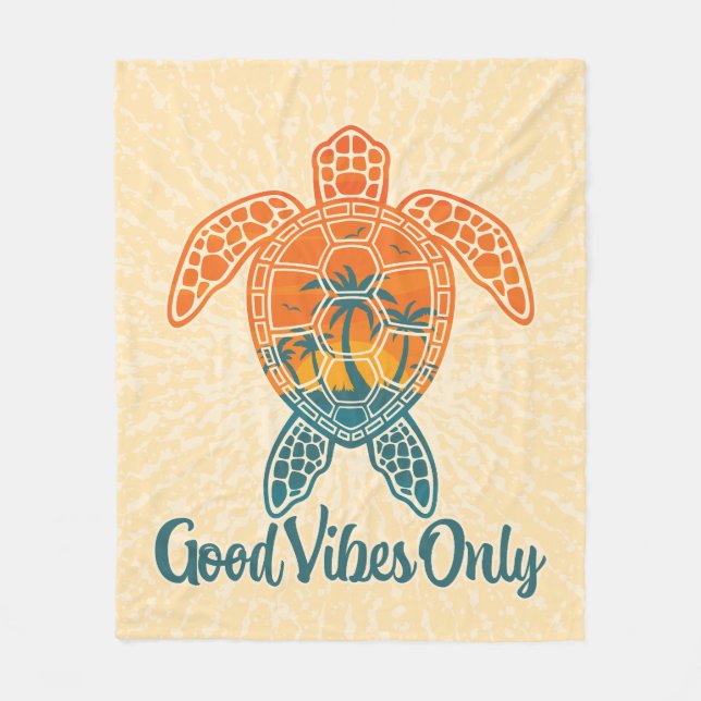 Good Vibes Only Tropical Sunset Sea Turtle Design Fleece Blanket (Front)