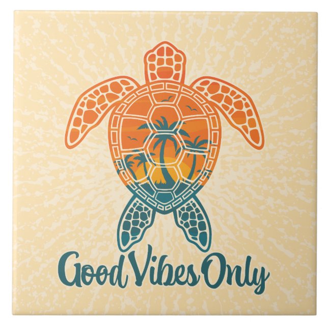 Good Vibes Only Tropical Sunset Sea Turtle Design Tile (Front)