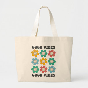 Good Vibes Retro Colourful Daisy Flowers Large Tote Bag