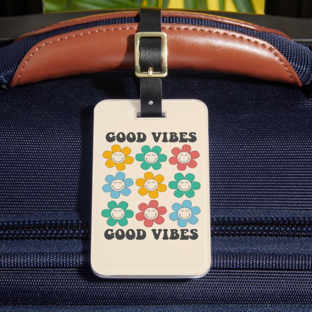 Good Vibes Retro Colourful Daisy Flowers Luggage Tag (Front Insitu 2)