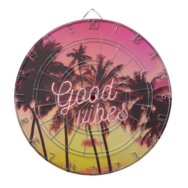 Good Vibes Tropical Pink Sunset Palm Tree Beach Dartboard (Front)