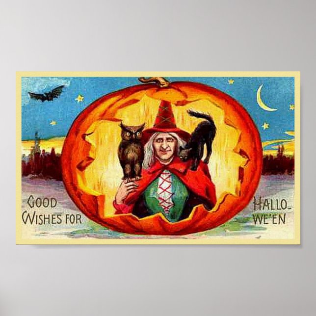 Good Wishes for Halloween, Owl, Witch, Cat, Bat Poster (Front)