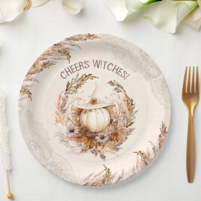 Good Witch Halloween Bridal Shower Party  Paper Plate (Good Witch Pumpkin in Boho style Paper Plates)