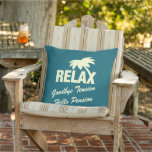 Goodbye tension hello pension funny retirement cushion<br><div class="desc">Goodbye tension hello pension funny retirement outdoor pillow. Relax Goodbye tension hello pension. Double sided design with tropical palm tree logo. Cute present for retiring men and women. Customizable background color. Make one for colleague, employee, coworker, boss, friend, neighbor, dad, mom etc. Office humor. Job / Work related joke. Extra...</div>