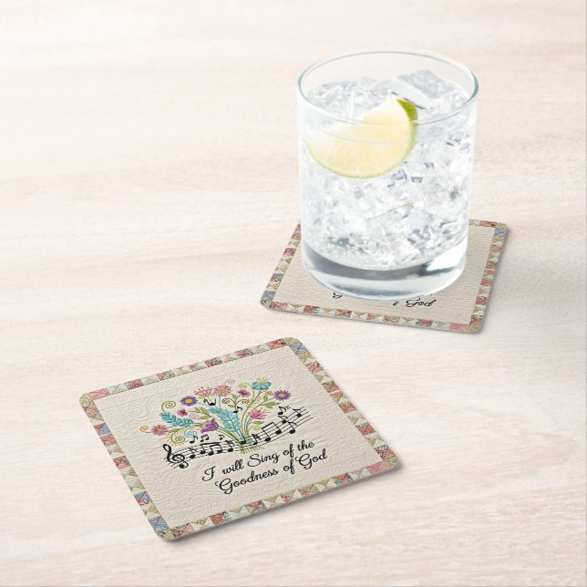 Goodness of God quilted look floral music Square Paper Coaster (Insitu)