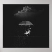 Goofy Black and White Frog with Umbrella in Rain