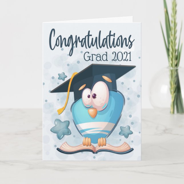 Goofy Blue Owl with Graduation Hat Card (Front)