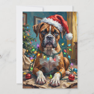 Goofy Boxer Dog Tangled in Christmas Lights Holiday Card