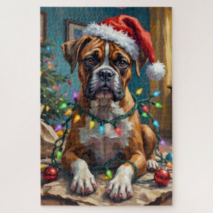 Goofy Boxer Dog Tangled in Christmas Lights Jigsaw Puzzle