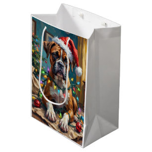 Goofy Boxer Dog Tangled in Christmas Lights Medium Gift Bag