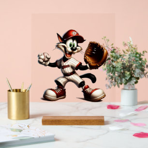 Goofy Cat Baseball Pitcher Winds Up Acrylic Sign