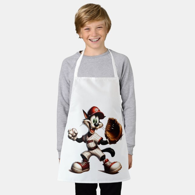 Goofy Cat Baseball Pitcher Winds Up Apron (Worn)