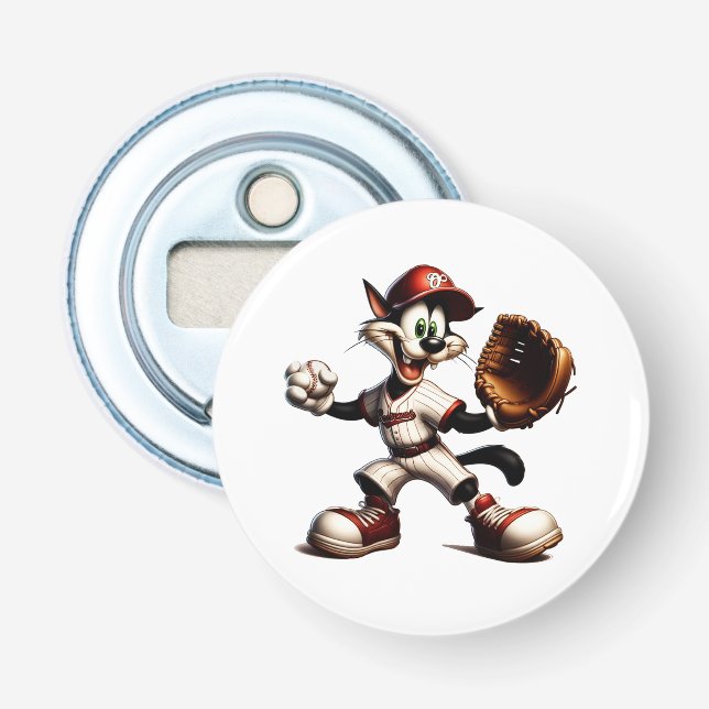 Goofy Cat Baseball Pitcher Winds Up Bottle Opener (Front)