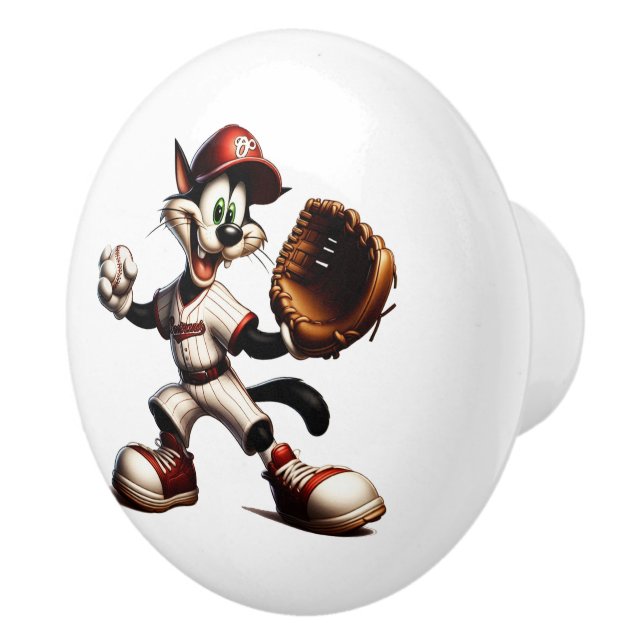 Goofy Cat Baseball Pitcher Winds Up Ceramic Knob (Right)