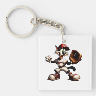 Goofy Cat Baseball Pitcher Winds Up Key Ring