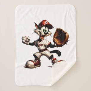 Goofy Cat Baseball Pitcher Winds Up Sherpa Blanket