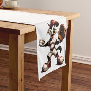 Goofy Cat Baseball Pitcher Winds Up Short Table Runner