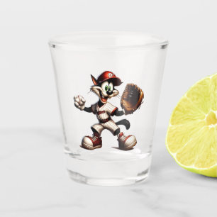 Goofy Cat Baseball Pitcher Winds Up Shot Glass