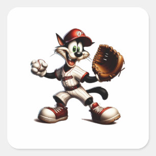 Goofy Cat Baseball Pitcher Winds Up Square Sticker