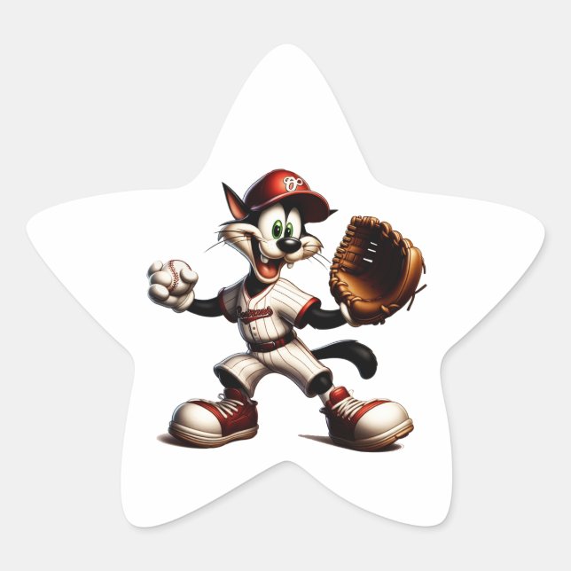 Goofy Cat Baseball Pitcher Winds Up Star Sticker (Front)