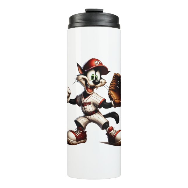 Goofy Cat Baseball Pitcher Winds Up Thermal Tumbler (Front)