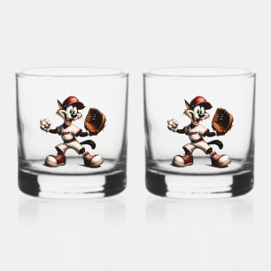 Goofy Cat Baseball Pitcher Winds Up Whiskey Glass